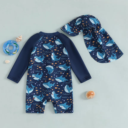 Toddler Baby Boys Swimsuit with Swim Cap Infant Rash Guard Summer Dinosaur/Shark Print Long Sleeve Zip Bathing Suit Beachwear