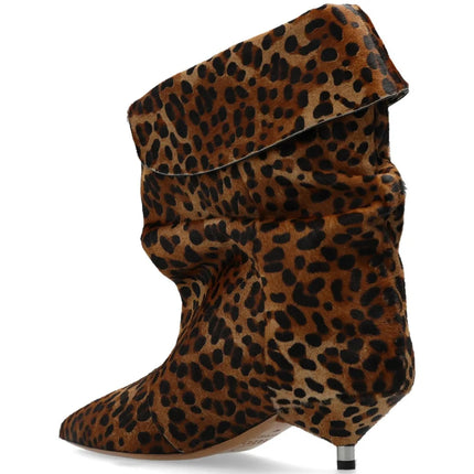Arden Furtado 2025 Spring leopard print Large tubular boots Pointed toe Slip-on Pleated Middle heel Modern boots Short boots