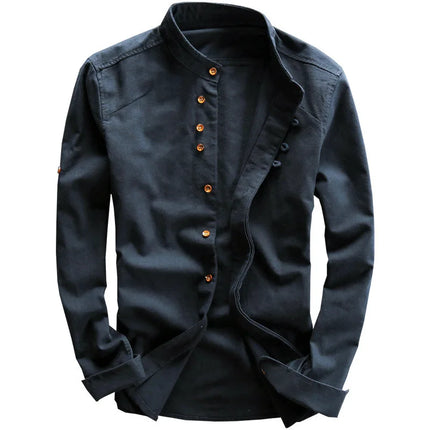 Vintage Men Stand Collar Long Sleeve Button Slim Blouse Shirt Spring Autumn Male Workwear Blouse Tops YZXFS-W2003
