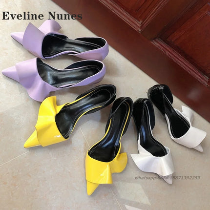 Ruffles Patent Leather Women Sandals Pointed Toe Stiletto Cover Heel Side Air High Heels Mixed Colors Slip On Shallow Shoes Sexy