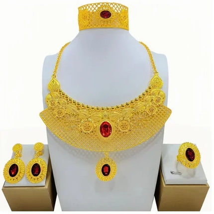 France Ethiopian Gold Color Jewelry Set For Women Dubai Necklace Bracelet Earrings Ring Set African Wedding Choker Wholesale