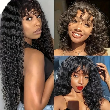 30 inch Water Wave Human Hair Wigs With Bangs Glueless Fringe Wig Kinky Curly Bob Wig with Bangs Full Machine Made Wig 180%