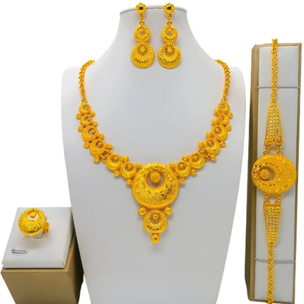 France Ethiopian Gold Color Jewelry Set For Women Dubai Necklace Bracelet Earrings Ring Set African Wedding Choker Wholesale