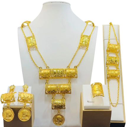 France Ethiopian Gold Color Jewelry Set For Women Dubai Necklace Bracelet Earrings Ring Set African Wedding Choker Wholesale