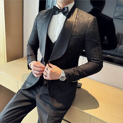 New (Blazer+vest+pants) for Men. Fashion. Casual. British Style. Singer Performance. High Density Jacquard Wedding Dress. Suit