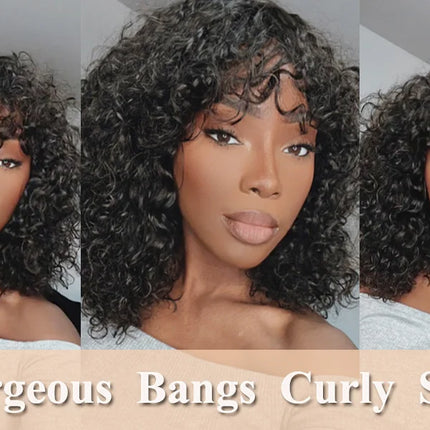 30 inch Water Wave Human Hair Wigs With Bangs Glueless Fringe Wig Kinky Curly Bob Wig with Bangs Full Machine Made Wig 180%
