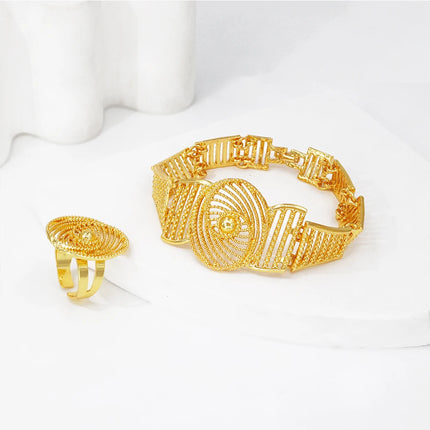 Africal Gold Color Big Jewelry Set Hollow Out Design Necklace Bracelet Earring Ring For Women Bridal Wedding Jewellery Gift