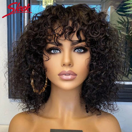 Short Pixie Bob Cut Human Hair Wigs With Bangs Full Machine Jerry Curly Wig Highlight Honey Blonde Water Wave Wigs For Women