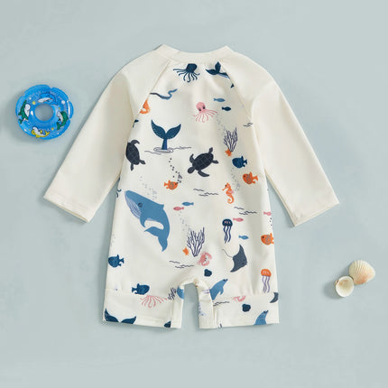 Toddler Baby Boy Rash Guard Summer Infant Swimsuit Long Sleeve Ocean Animal Print Swimwear Children Zip Up Bathing Suit Swimwear