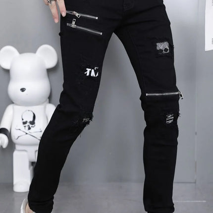 2024 Spring and Autumn Fashion Black Ripped Stretch Jeans Men's Casual Slim Breathable High-Quality Straight Leg Pants 28-36