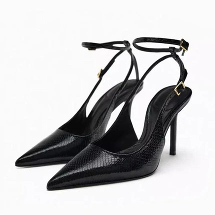 2025 Summer New Sexy Pointed Toe Pumps Black Leather 8cm Thin High Heeled Sandals Snake Pattern Stiletto Mules for Women