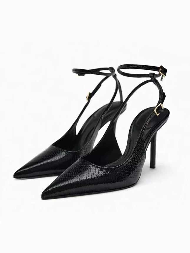 2025 Summer New Sexy Pointed Toe Pumps Black Leather 8cm Thin High Heeled Sandals Snake Pattern Stiletto Mules for Women