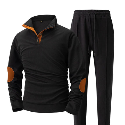 Men's new autumn style American stand-up collar button elbow patch color-block long-sleeve hoodie and pants set