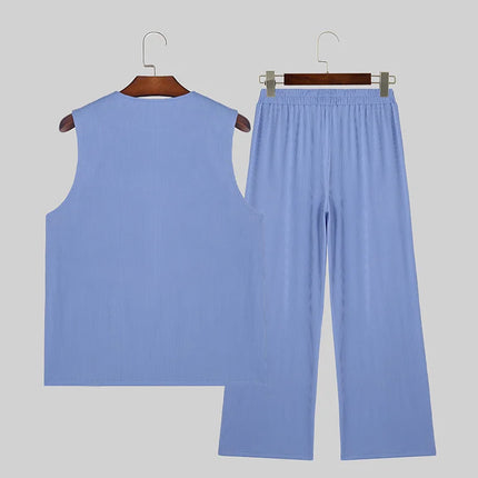 INCERUN Men Sets Solid Color Streetwear O-neck Sleeveless Tank Tops & Pants 2PCS Summer Loose Fashion Men's Casual Suits S-2XL