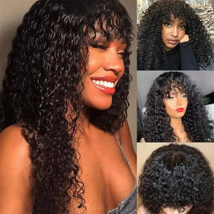 30 inch Water Wave Human Hair Wigs With Bangs Glueless Fringe Wig Kinky Curly Bob Wig with Bangs Full Machine Made Wig 180%