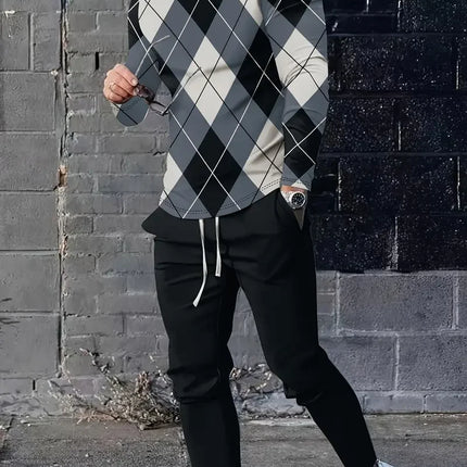 Spring And Fall Men's Long Sleeve Pant 2pcs Sets Red And Blue Striped 3D Print Man Set Everyday Fashion Men Long Sleeved T-shirt