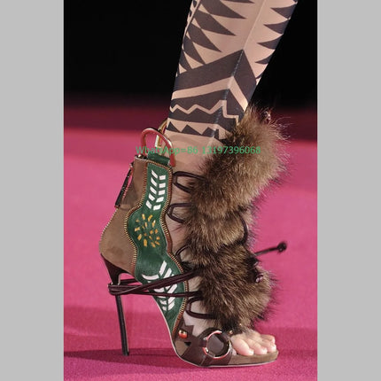 Lady Cowboy Style Fur Peep Toe Pumps Footwear Lace-Up Cut-Out Open Toe Back Zip Lace-Up Brown Cowboy High Heels Fall Size 35-45