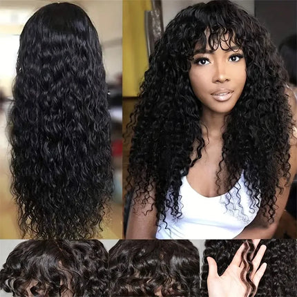 30 inch Water Wave Human Hair Wigs With Bangs Glueless Fringe Wig Kinky Curly Bob Wig with Bangs Full Machine Made Wig 180%