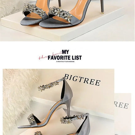 Soft Silk Open Toe Women Sandals 2024 Summer Luxury Crystal Ankle Buckle High Heels Shoes Bride Party Lady Green Red Black Pumps