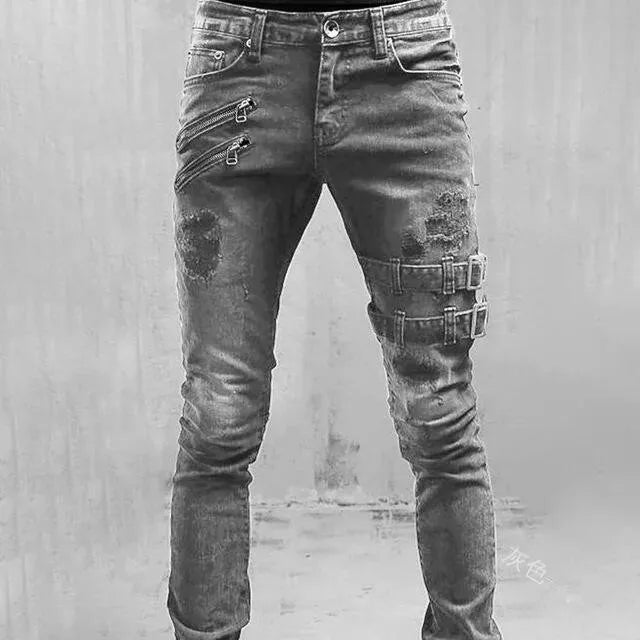 Men Jeans Denim Pencil Pants Mid Waist Moto Biker Washing Pockets Slim Slight Strech Sheath Ankle Length Zipper Fly 2024