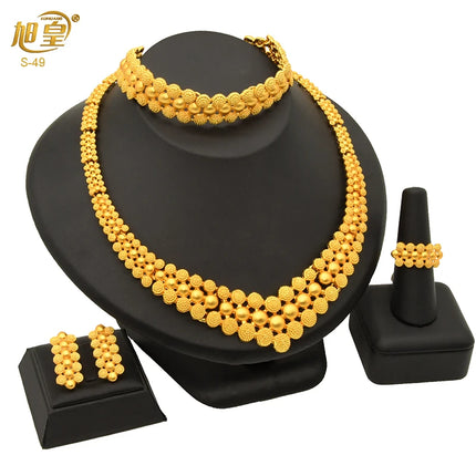 XUHUANG Dubai 2024 Gold Color Necklace Bracelet Jewelry Set For Women Ethiopian Arabic Charm Necklace Choker Set Wedding Gifts