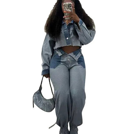 2 Piece Matching Set Spring Streetwear Button Top and Jeans Female Sexy Denim Pant Suits for Ladies wholesale Dropshipping