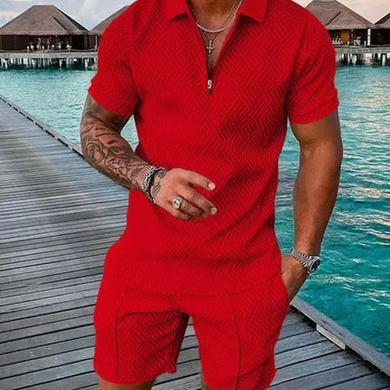 New 2025 Men's Polo Suit Fashion Men Sets Solid Summer V-neck Zipper Short Sleeve POLO Shirt+Shorts Two Pieces Men Casual Suit