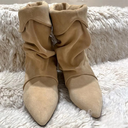 Arden Furtado 2025 Spring leopard print Large tubular boots Pointed toe Slip-on Pleated Middle heel Modern boots Short boots