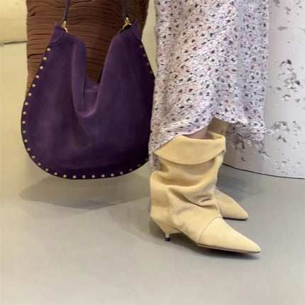 Arden Furtado 2025 Spring leopard print Large tubular boots Pointed toe Slip-on Pleated Middle heel Modern boots Short boots