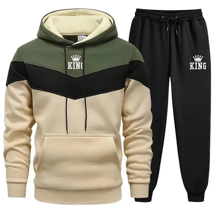 Mens Tracksuit King Printing Sports Suit Sports Hoodie+Pants 2 Piece Suit Casual Sweatshirt Suit Jogging Men's Splicing Clothing