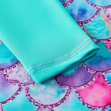 2-Piece Swimsuit Long-Sleeved Swimwear Kids Girl Crew Neck Scale Print Tops & Ruffle Detail Bikini Cut Briefs Swimming Suit 2025