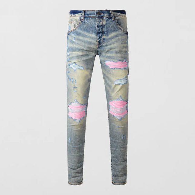Fashionable new jeans with stretch, slim fit, ripped holes, patchwork leather, red patches, washed with water, nostalgic retro,