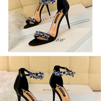 Soft Silk Open Toe Women Sandals 2024 Summer Luxury Crystal Ankle Buckle High Heels Shoes Bride Party Lady Green Red Black Pumps