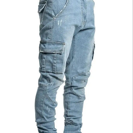 new Jeans Men Pants Wash Solid Color Multi Pockets Denim Mid Waist Cargo Jeans Plus Size Fahsion Casual Trousers Male Daily Wear