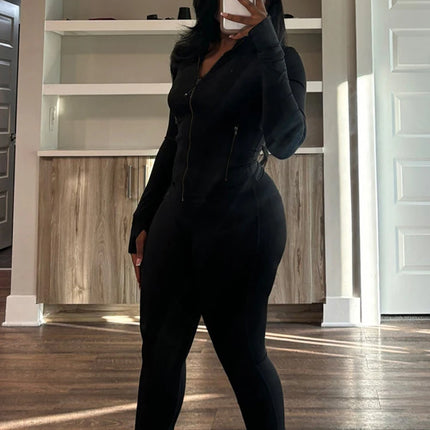 Weird Puss Sporty Casual 2 Piece Set Women Hooded Zipper Turtleneck Jacket+Skinny Straight Pants Matching Trend Workout Suit