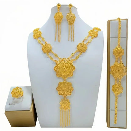 France Ethiopian Gold Color Jewelry Set For Women Dubai Necklace Bracelet Earrings Ring Set African Wedding Choker Wholesale