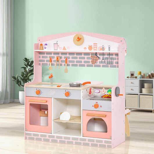 Double-Sided Kids Play Kitchen Set with Canopy and 2 Seats-1