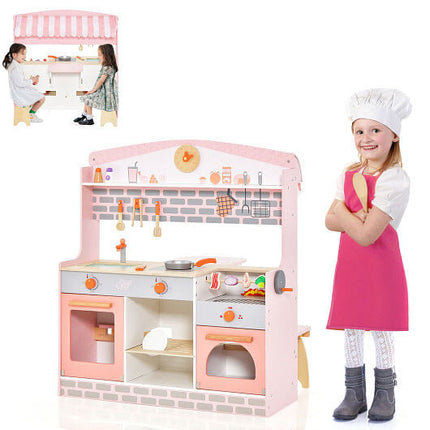 Double-Sided Kids Play Kitchen Set with Canopy and 2 Seats-4