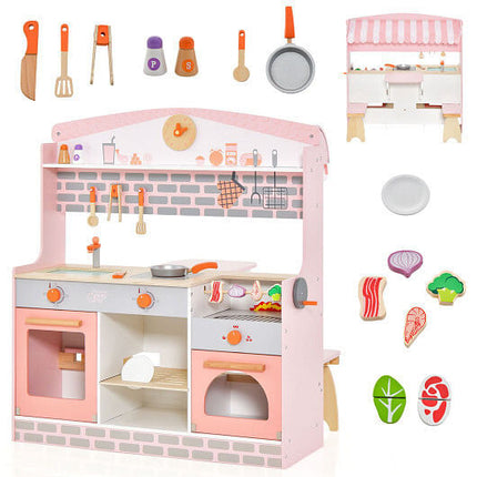 Double-Sided Kids Play Kitchen Set with Canopy and 2 Seats-0
