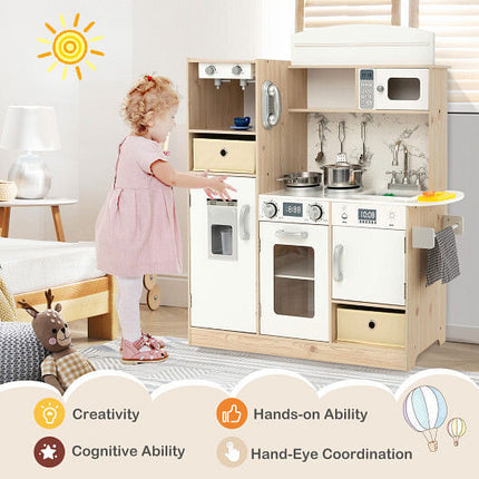 Kids Kitchen Playset with Adjustable LED Lights Removable Fabric Bins-White-2