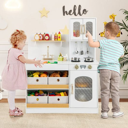 Kids Kitchen Playset with Cooking Accessories and Toy Cuttable Veggies-White-1