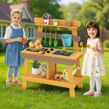 Outdoor Mud Kitchen for Kids Wooden Play Kitchen Toy for Boys Girls Aged 3-8-Yellow-1