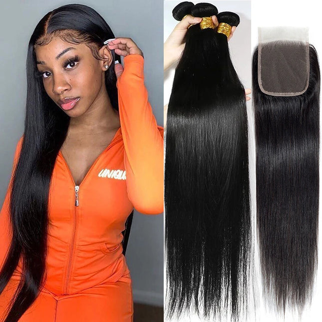 Bone Straight Human Hair Bundles with 13x4 Lace Frontal Tissage Straight Brazilian Weave Bundles With Closure 4x4 with Bundles