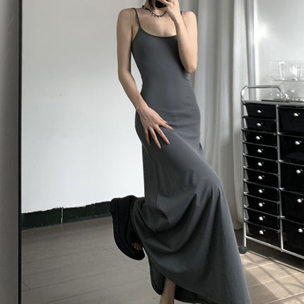 High-Waist Slimming Strap Dress, Solid Color Casual A-Line Knee-Length For Women