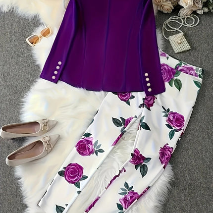 Floraison Power Set Double-Breasted Purple Blazer & High-Waist Floral Slim Pants