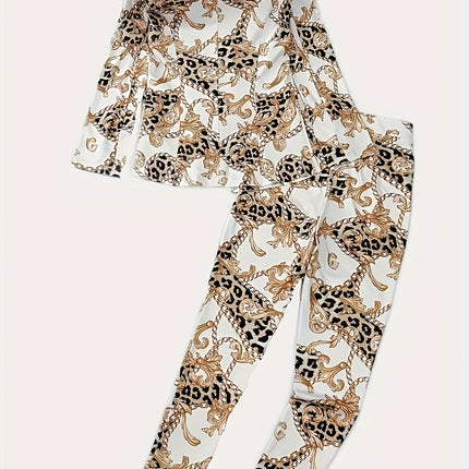 Aureva Geo Set Micro-Stretch Lapel Blazer & Printed Trousers in Sculpted Spring-Fall Silhouette