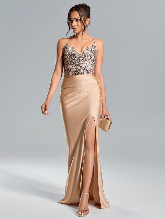 Lustra Sequin Slit Gown Suspended Backless Maxi with High Waist & Patchwork Glamour