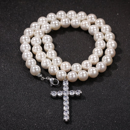 Shell Bead Pearl Necklace – Unisex Geometric Chain with Cross Pendant