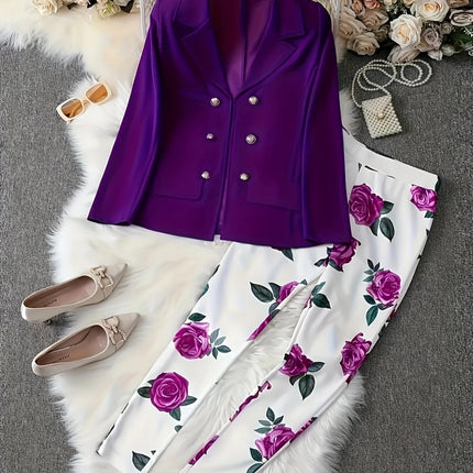 Floraison Power Set Double-Breasted Purple Blazer & High-Waist Floral Slim Pants