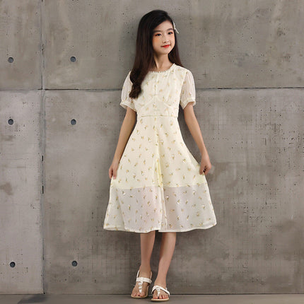 Arrival Summer Kids Girls French Style Chiffon Fashion Short Sleeves Floral Dress-1